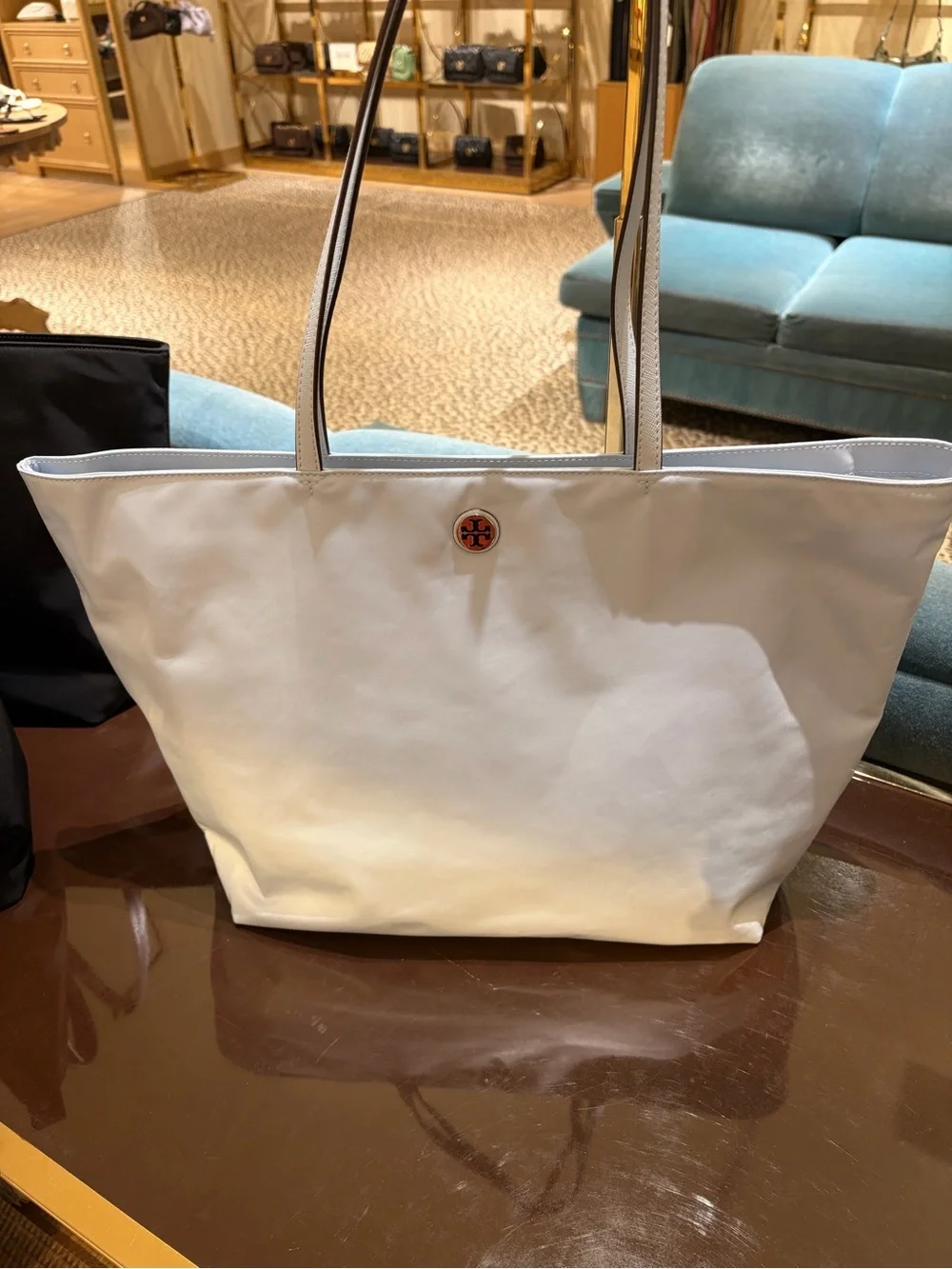 Tory Burch sky blue Tote nylon tote bag zip closure logo accent gold large size